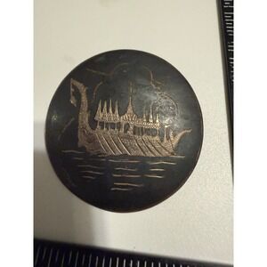 Vintage Siam Sterling Silver Niello Royal Barge Brooch‎ Pin Round Black Enamel